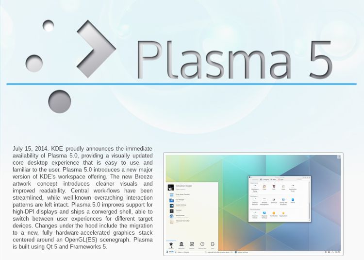 Rilasciata la KDE 5  15 Luglio 2014  la versione stabile di KDE 5 è disponibile per il download